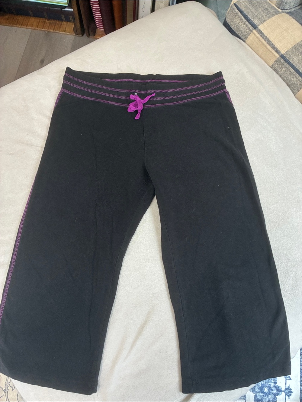 Black Capri Sweatpants with Purple Trim